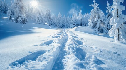 Obraz premium Footprints lead through a snowy landscape towards a majestic mountain range under a clear blue sky.