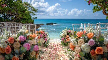 Romantic Beachside Wedding Ceremony with Elegant White Chairs and Floral Decorations by the Ocean | Photography with Nikon Z6 II