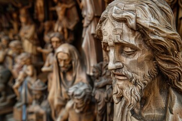 Obraz premium Close up of a wooden statue of jesus christ suffering with other saints in the background