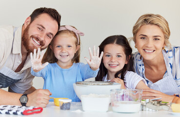 Baking, happy family and kid with flour on hands for portrait, learning and help parents in kitchen. Face, mother and dad with children cooking dessert or dough with siblings together in messy home