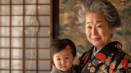 日本人の祖母と孫の七五三撮影