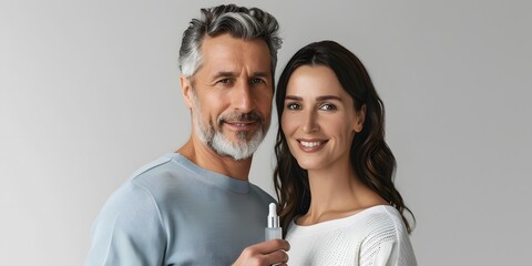 Happy middle aged couple of man and woman holding cosmetic glass bottle in their hands on the grey background