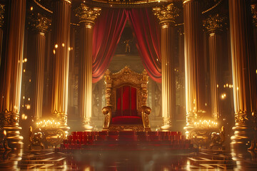 Obraz premium Luxurious golden throne room with intricate pillars and red drapes, illuminated by warm lighting. A perfect scene of opulence and royalty.