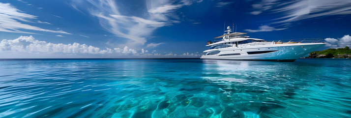 Luxurious yacht anchored in crystal clear turquoise water under a partly cloudy sky, perfect for travel and relaxation on a sunny day.