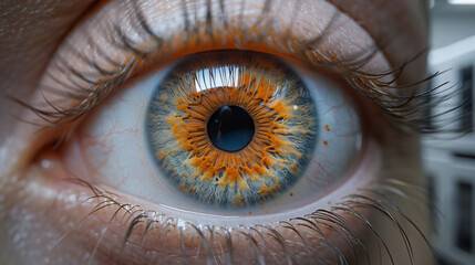 Close up of a eye Iris with Blue and Golden Colour Photography with Natural Light Ray Reflection.