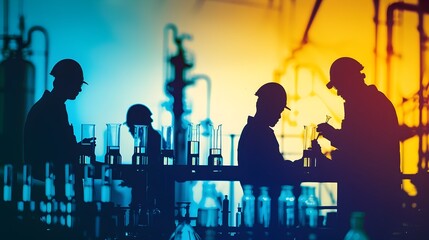 Silhouettes of Laboratory Technicians Conducting Scientific Experiments with Test Tubes in an
