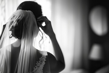 Elegant Bride in Wedding Dress with Veil Adjusting Headpiece - Black and White Photography