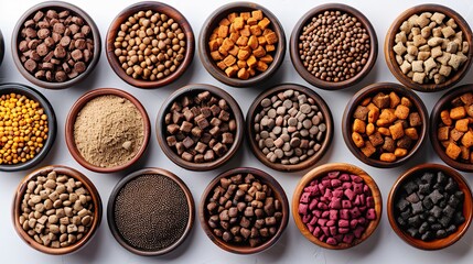 pet supplies,bowl of dry food isolated on white background flat lay top view,image