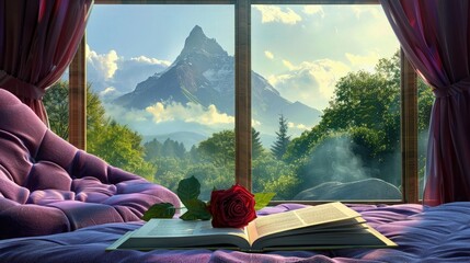 Plakat A peaceful summer landscape seen through a large window, with a mountain in the distance. A plush purple chair and an open book with a red rose on it sit invitingly in the foreground.
