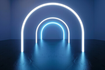 3d render of glowing white neon light arch on dark blue background