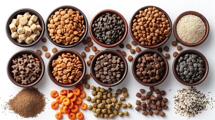 pet supplies,bowl of dry food isolated on white background flat lay top view,image