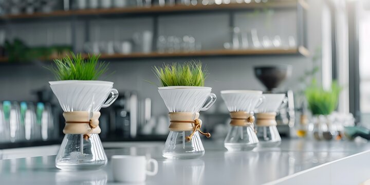 Contemporary coffee brewing station with gadgets and greenery in stylish cafe. Concept Stylish Cafe, Contemporary Coffee Brewing, Coffee Gadgets, Greenery Decor, Modern Interior Design