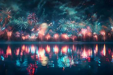 Stunning fireworks display reflecting on water, creating a mesmerizing night sky filled with vibrant colors.
