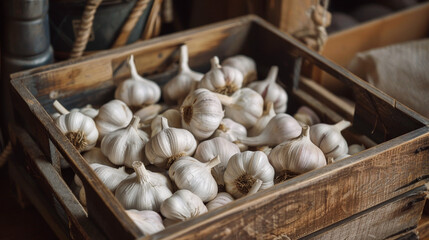 Close-up of garlic bulbs on a wooden table, with more garlic bulbs blurred in the background.