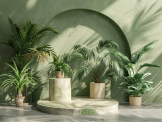 Obraz premium 3d render of Round concrete podium surrounded tropical greenery