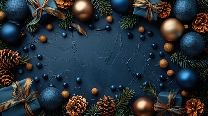 christmas poster party invitation card template flat lay glistening gold,blue balls gift box,ribbon bow fir branches on dark blue background top view flat lay,stock image