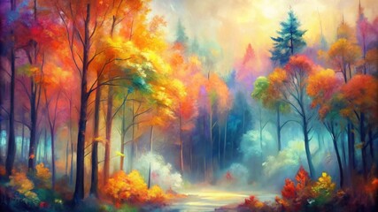 Abstract digital art of autumn forest, vibrant colors and gradients