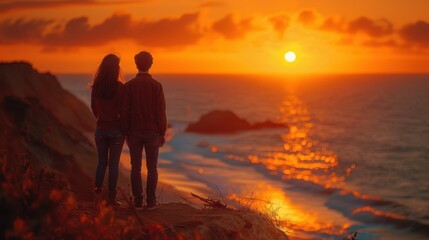Fototapeta premium Golden Hour Romance: Couple Enjoying Sunset on Cliffside Overlooking Ocean with Canon EOS R5 Camera