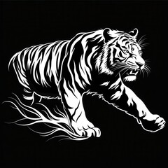 Obraz premium A white silhouette of a fierce Bengal tiger mid-roar on a black background, outlined in bold.