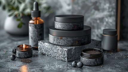 cosmetics for men black cosmetics packaging on the stone table luxury beauty products design mockups,stock image