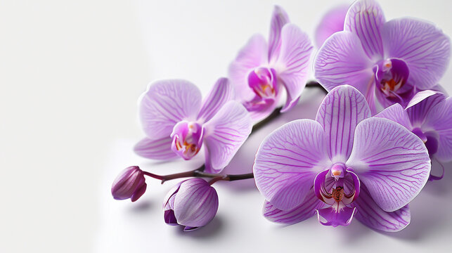Purple orchid on a white background with ample copy space, photo realistic