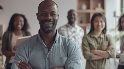 Fototapeta premium A confident man wearing a grey shirt smiles with arms crossed in the foreground, surrounded by a diverse business team in an office with bright, natural lighting.