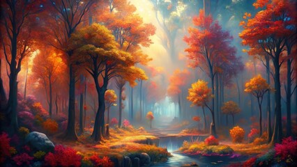 Abstract digital art of autumn forest, vibrant colors and gradients