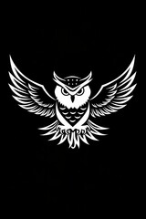 A white logo outline of a stylish Snowy owl soaring against a dark backdrop.