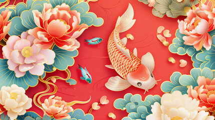 Chinese painting Koi peony traditional Chinese tide flower embroidery illustration pattern background
