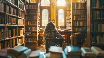 A student deeply engaged in studying at a library desk, surrounded by stacks of books and warm lighting. AIG58