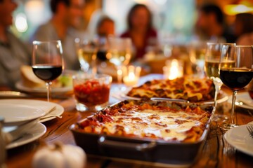 Cozy Dining Table Set with Platter of Lasagna, Wine Glasses, and Friends Enjoying a Meal