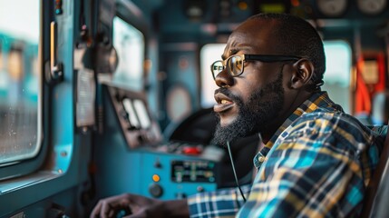 Fototapeta premium A train driver meticulously maneuvering controls in a modern cockpit, showcasing dedication and skill within the advanced environment of contemporary train operations.