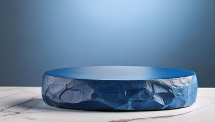 Empty blue stone podium against minimalist backdrop. Stage for product presentation.