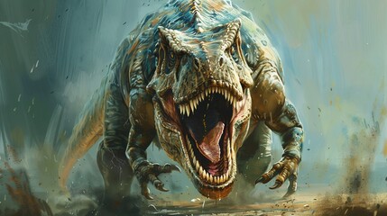 A large, ferocious dinosaur with open jaws charges forward in a dynamic and intense scene. The image is vibrant and full of energy, capturing a prehistoric moment.