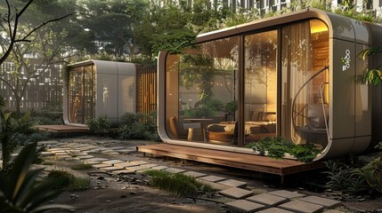 This image showcases two modern tiny houses with large glass-front patios nestled in a lush greenery setting, illustrating contemporary living in natural surroundings.