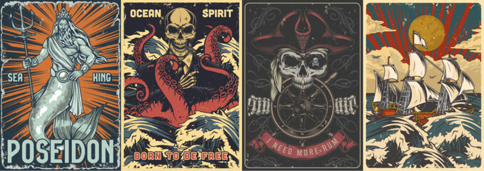 Sea dangers set flyers colorful