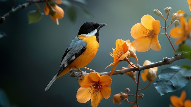 Gardens filled with colorful birds and flowers creating a harmonious and lively natural setting Illustration, Image, , Minimalism,