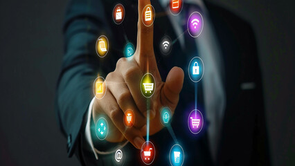 E-commerce and online shopping concept with icons, website ad, email, social network, SEO, video, mobile app,Digital online marketing commerce sale concept, virtual screen,ecommerce growth concept,