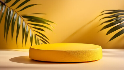 Obraz premium Empty yellow stone podium against minimalist backdrop. Stage for product presentation.