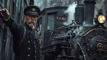 A train conductor in historical attire signals beside a steam train, highlighting the classic era of rail travel, the conductor's role, and the majestic train.