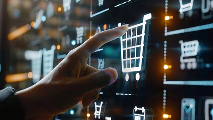 E-commerce and online shopping concept with icons, website ad, email, social network, SEO, video, mobile app,Digital online marketing commerce sale concept, virtual screen,ecommerce growth concept,