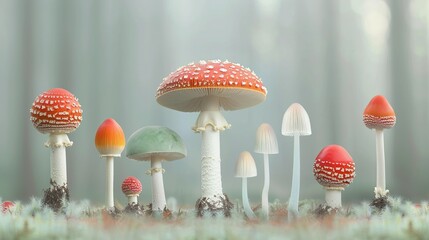 Mushrooms in bright colors dotting the forest floor adding a whimsical and enchanting touch to the woods Illustration, Image, , Minimalism,