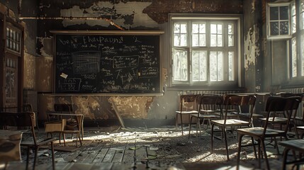 An abandoned and derelict classroom with broken furniture and debris scattered around. Sunlight streams through the cracked windows, illuminating the remnants of past learning.