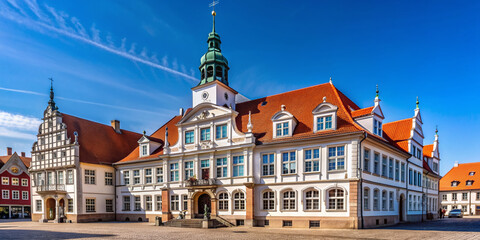 Obraz premium Beautiful exterior facade of historic town hall in Verden an der Aller, Lower Saxony, Germany on a bright summer day with clear blue sky and copy space.