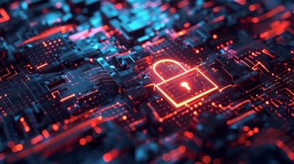A concept image showcasing cybersecurity, with a glowing digital lock overlaid on a microchip background, representing the protection and security of modern digital information.