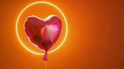 A romantic setting featuring a pink heart balloon illuminated by a circle light, against a warm orange background that enhances the feeling of warmth and affection.