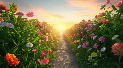 A romantic scene of a small pathway lined with bright, multicolored flowers and green grass, leading towards a sunlit horizon where the sun is just about to set.
