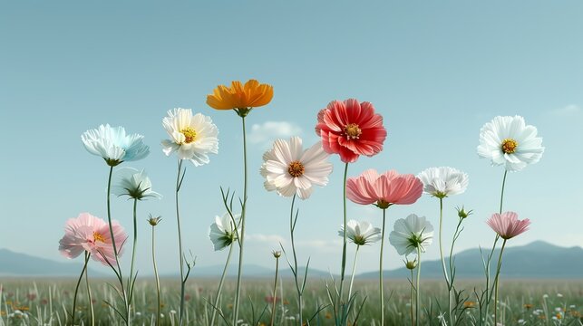 Meadows filled with a variety of colorful flowers offering a breathtaking view of nature's diversity Illustration, Image, , Minimalism,