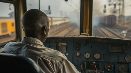 A train conductor carefully overseeing oncoming train tracks, reflecting the meticulousness and focus necessary for guiding and ensuring railway transport safety.