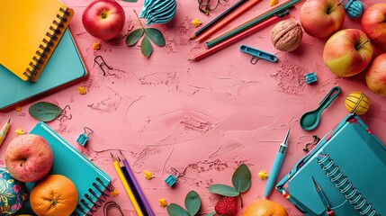 Obraz premium back to school banner design flat lay composition,school supplies on pink background top view,illustration